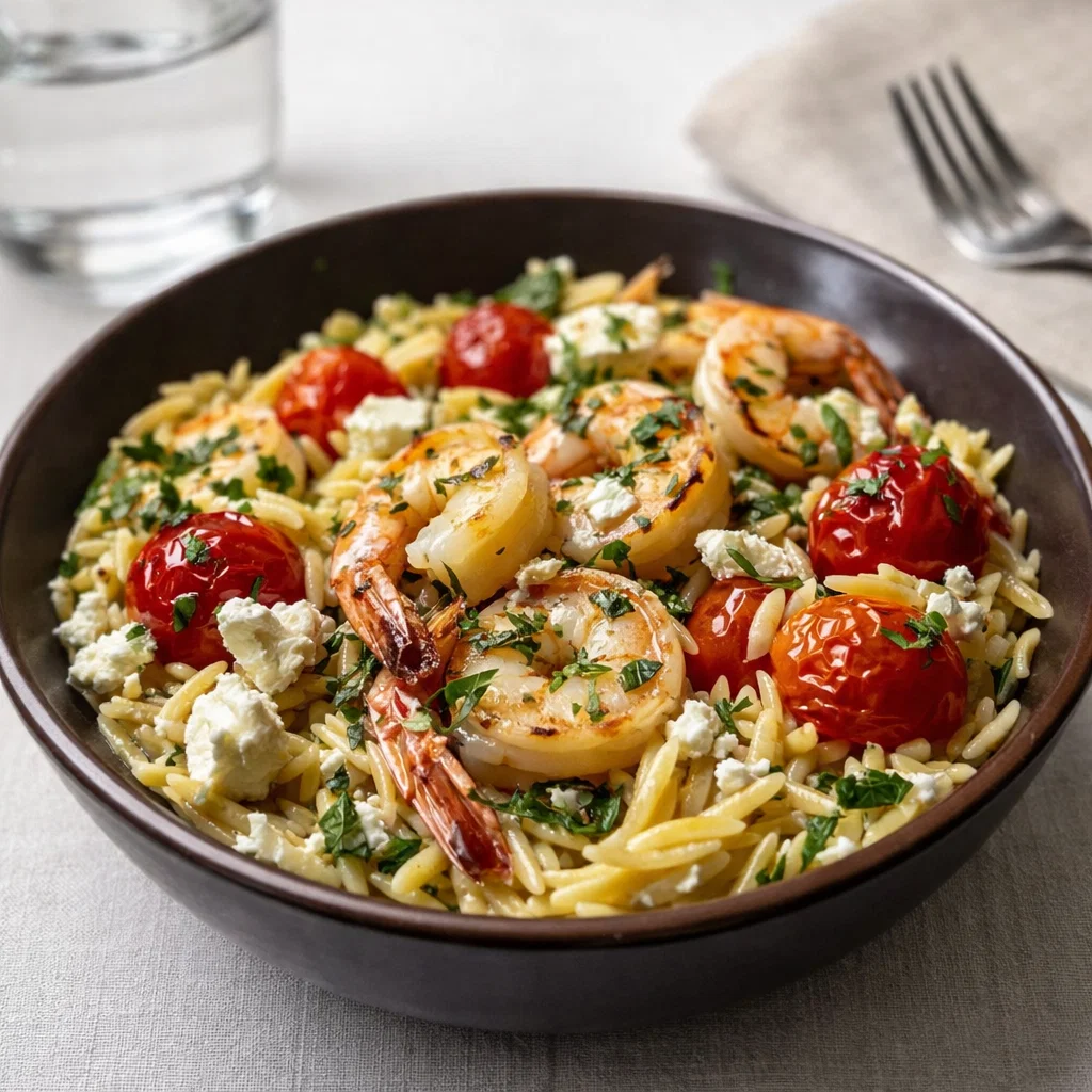 A vibrant bowl of Lemon Feta Orzo Shrimp with roasted shrimp and feta.