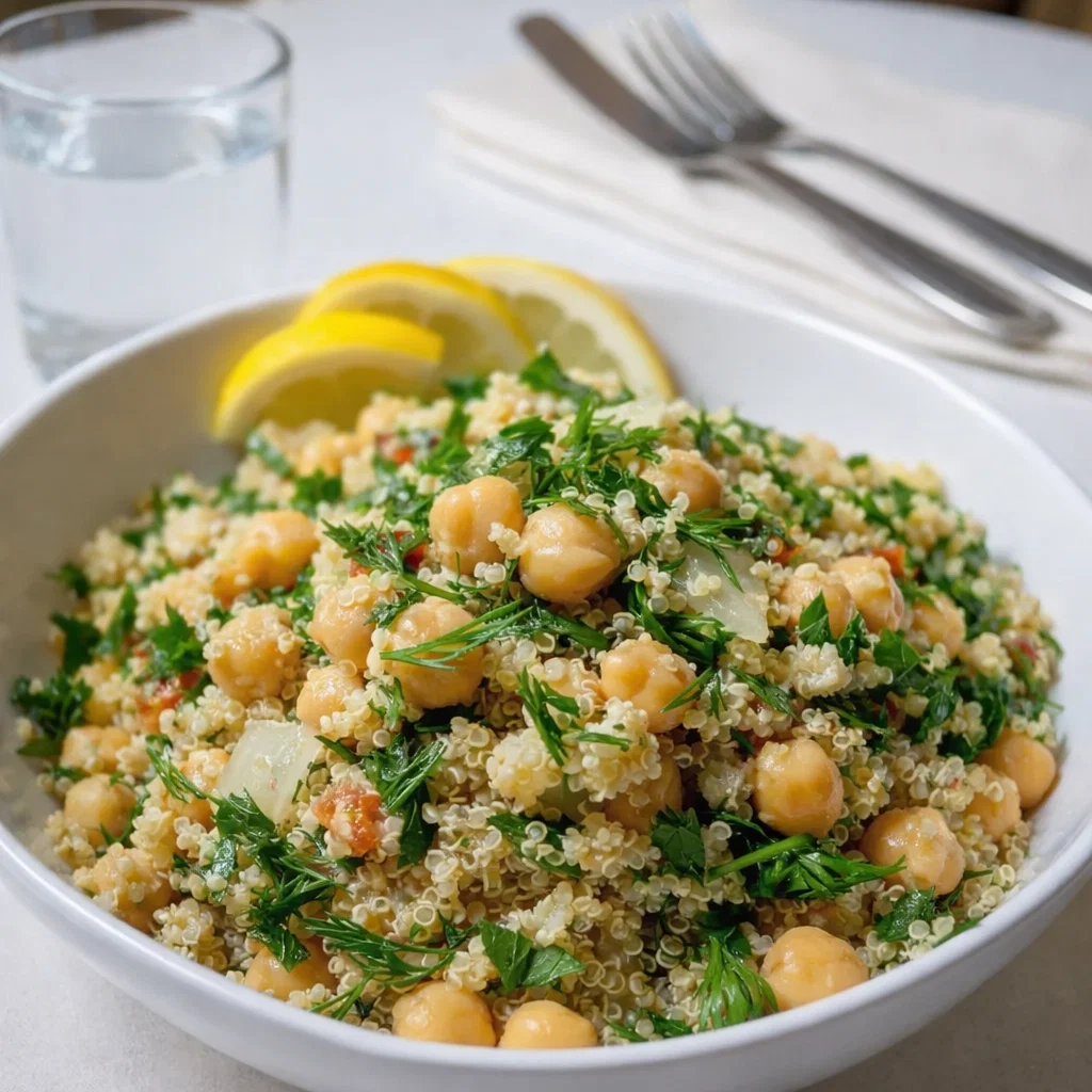 A vibrant bowl of Lemon Herb Quinoa with Chickpeas garnished with lemon slices.