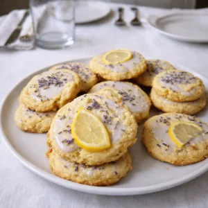 A stack of freshly baked Lemon Lavender Cookies on a wooden table.