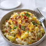 A bowl of creamy Loaded Baked Potato Salad with cheese and green onions.
