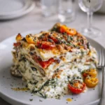 A golden-brown Loaded Veggie White Lasagna in a baking dish.