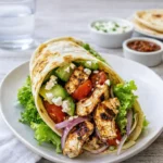 A fresh and colorful Mediterranean Grilled Chicken Wrap on a wooden board.