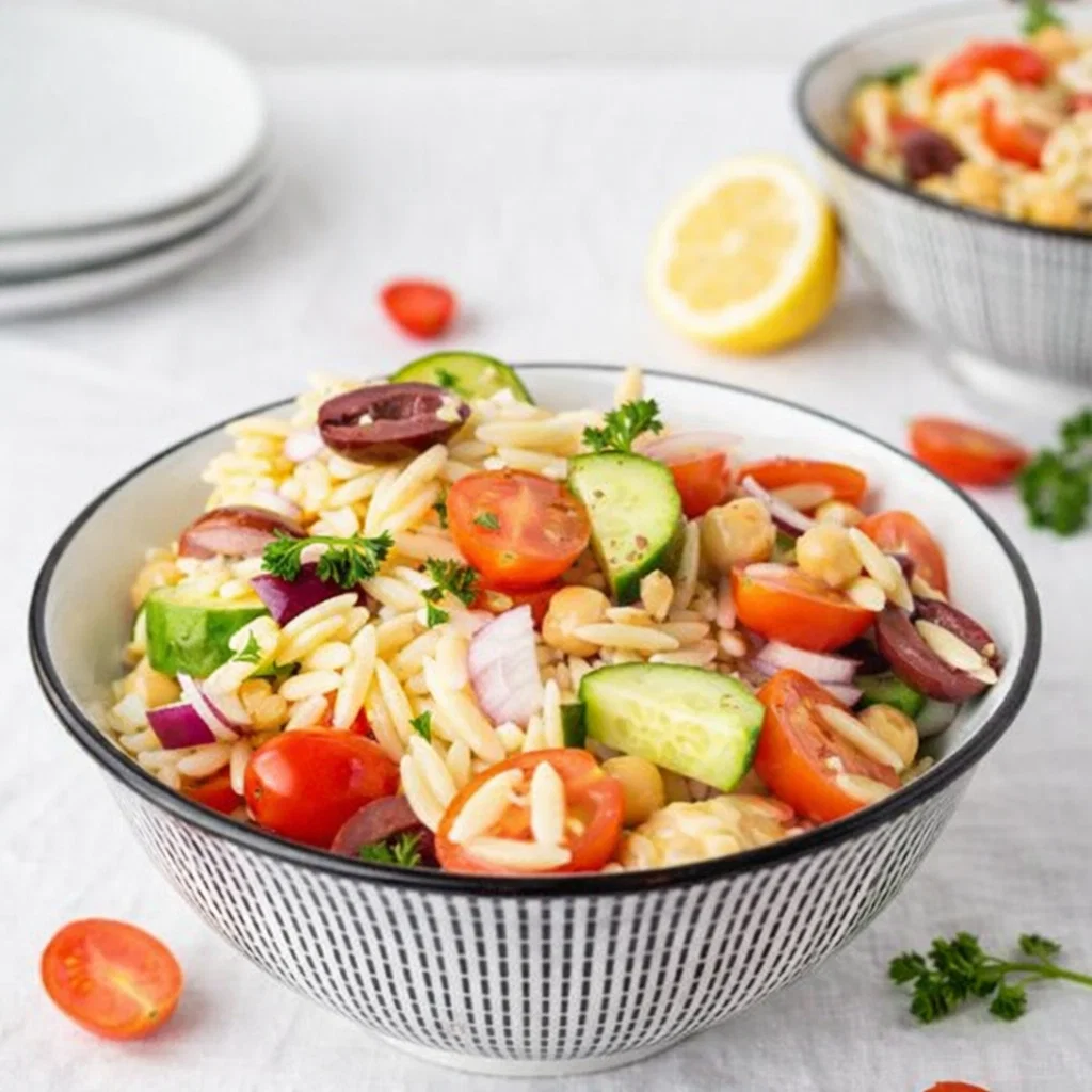 Fresh Mediterranean Orzo Pasta Salad in a white bowl