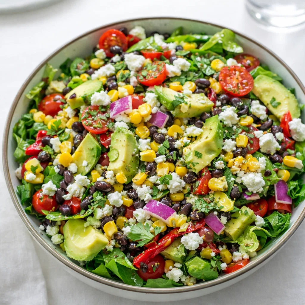 A vibrant Mexican Chopped Salad in a wooden bowl with avocado and charred corn.