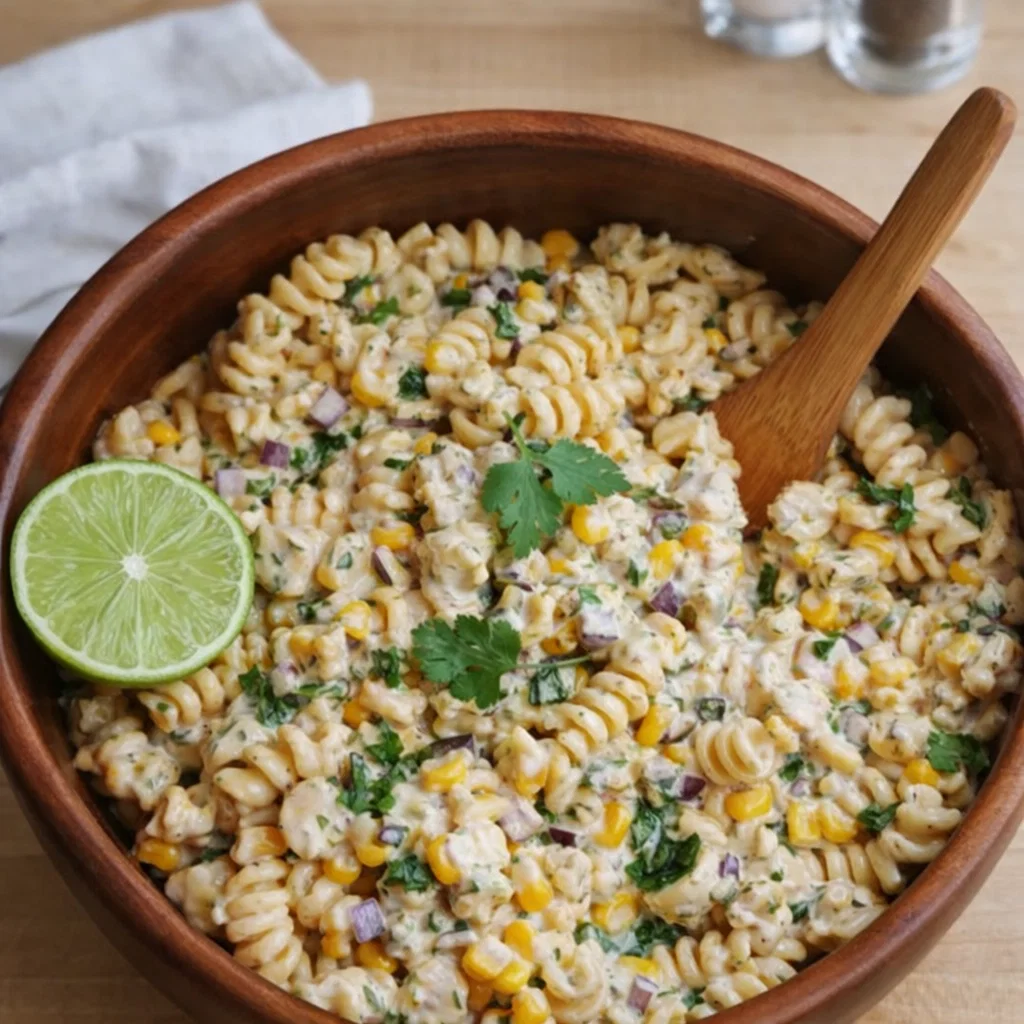 Mexican Street Corn Pasta Salad in a white bowl on a wooden table