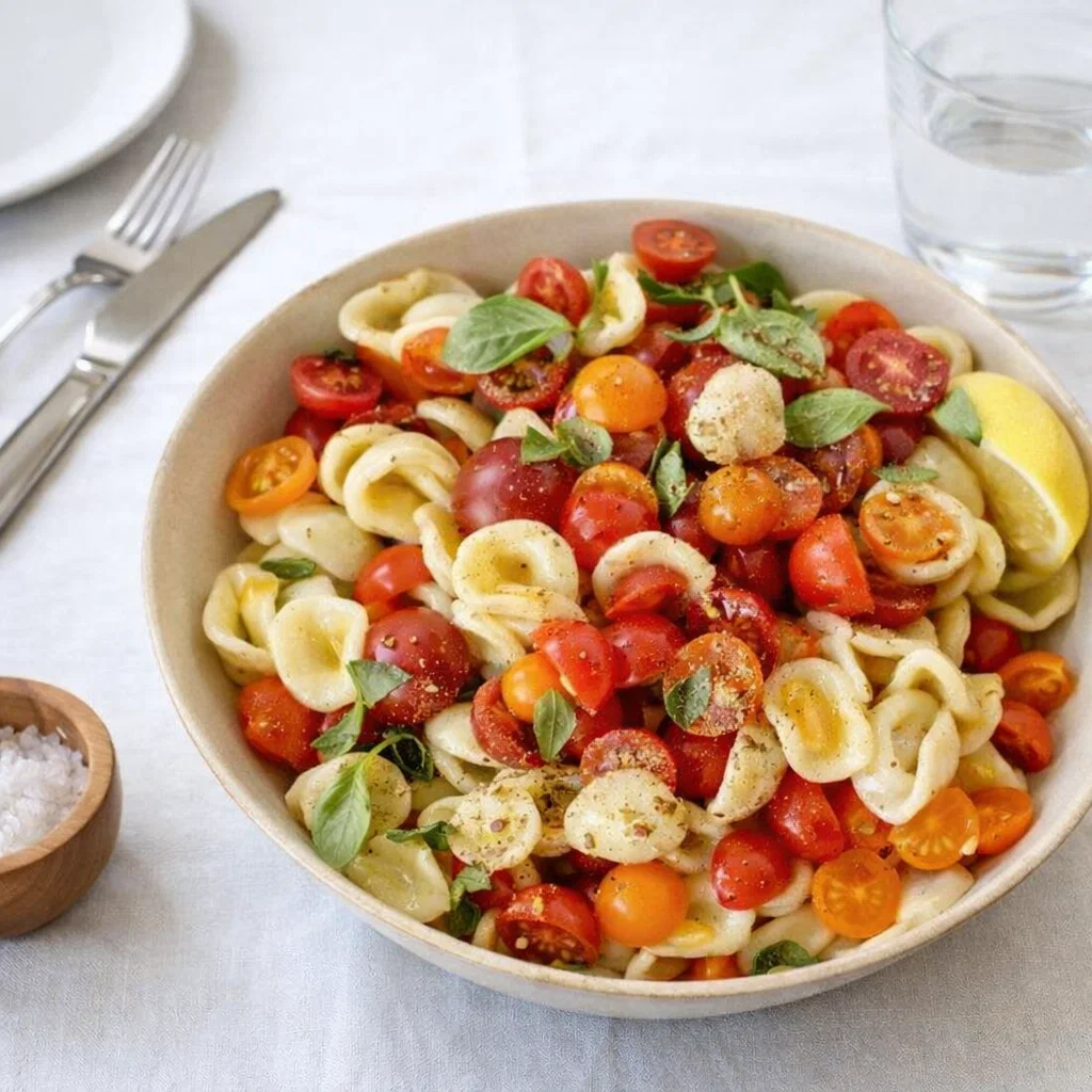 A bowl of fresh Orecchiette Bruschetta Pasta with tomatoes and basil