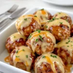 A platter of golden Paula Deen Sausage Balls with mustard dip.