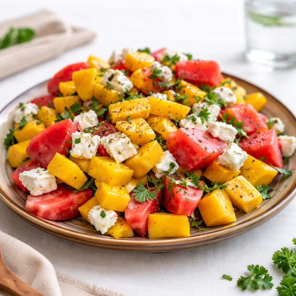 Refreshing Peach Watermelon Salad in a white bowl on a wooden table