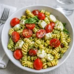 A vibrant bowl of Pesto Caprese Pasta Salad with tomatoes and mozzarella.