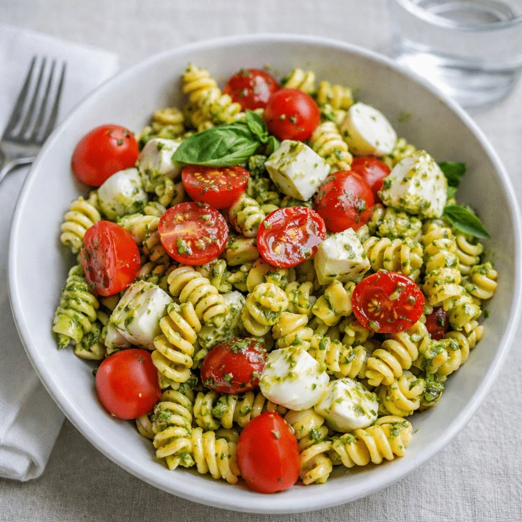 A vibrant bowl of Pesto Caprese Pasta Salad with tomatoes and mozzarella.