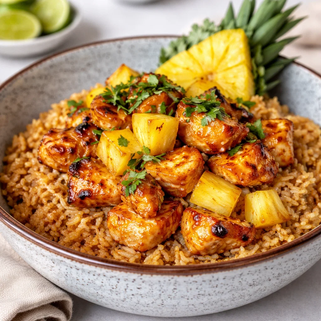 A bowl of glazed Pineapple Chicken and Rice garnished with green onions.