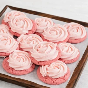 Soft pink lemonade cookies with lemon buttercream frosting