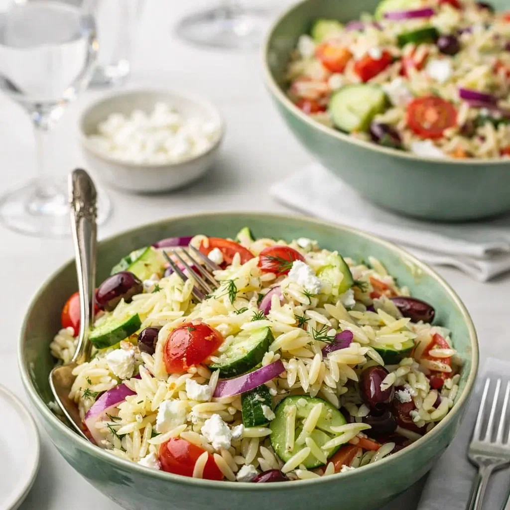 Quick Mediterranean Orzo Pasta Salad in a white bowl on a marble counter