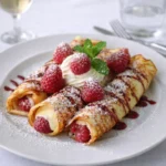Delicious Raspberry Vanilla Cream Crepes with fresh berries and powdered sugar.