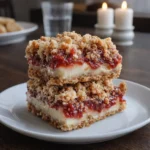 Close-up of Rhubarb and Custard Crumble Bars showing layers