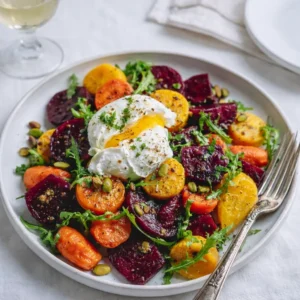 A vibrant Roasted Beets and Carrots Salad with Burrata on a rustic platter.