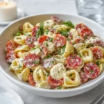Salami-Mozzarella Tortellini Pasta Salad in a white bowl on a wooden table.
