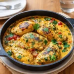 A skillet of Spicy Brazilian Coconut Chicken topped with cilantro.