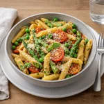 A vibrant bowl of Spring Vegetable Pasta with asparagus and tomatoes.