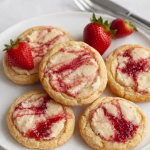 A close-up of a Strawberry Cheesecake Cookie broken in half, revealing a creamy center.