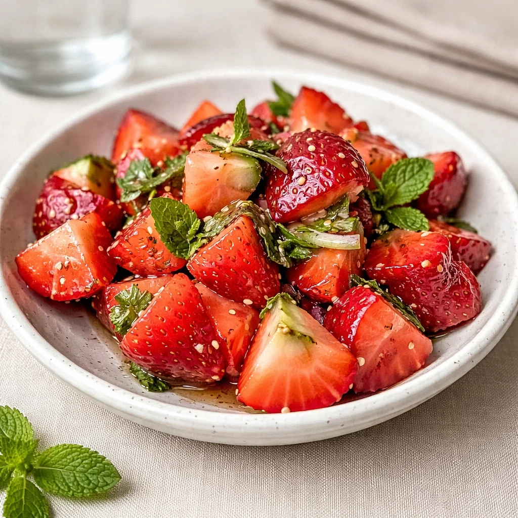Vibrant Strawberry Watermelon Salad with Honey Lime Vinaigrette in a white bowl