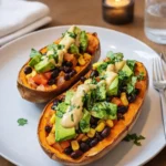 Roasted Stuffed Sweet Potato with Avocado and black beans drizzle
