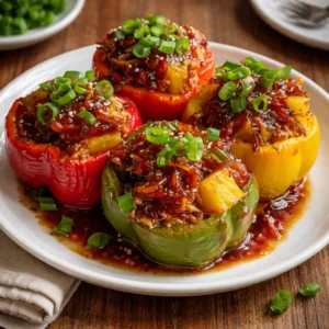 Teriyaki Pineapple Chicken Stuffed Peppers in a baking dish