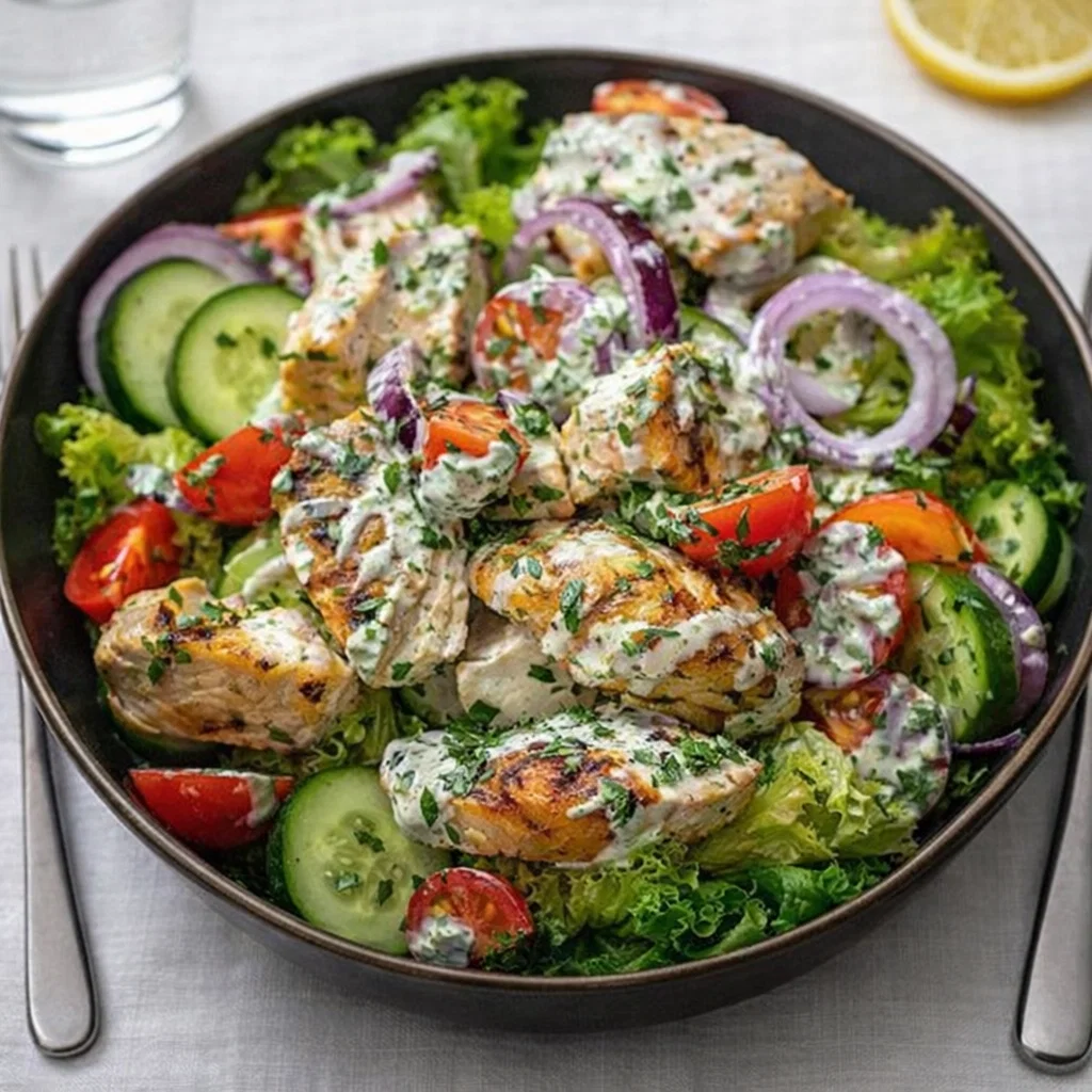 A fresh and colorful bowl of Tzatziki Chicken Salad on a rustic table.