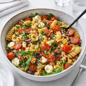 A vibrant Zesty Italian Pasta Salad in a white bowl on a wooden table.