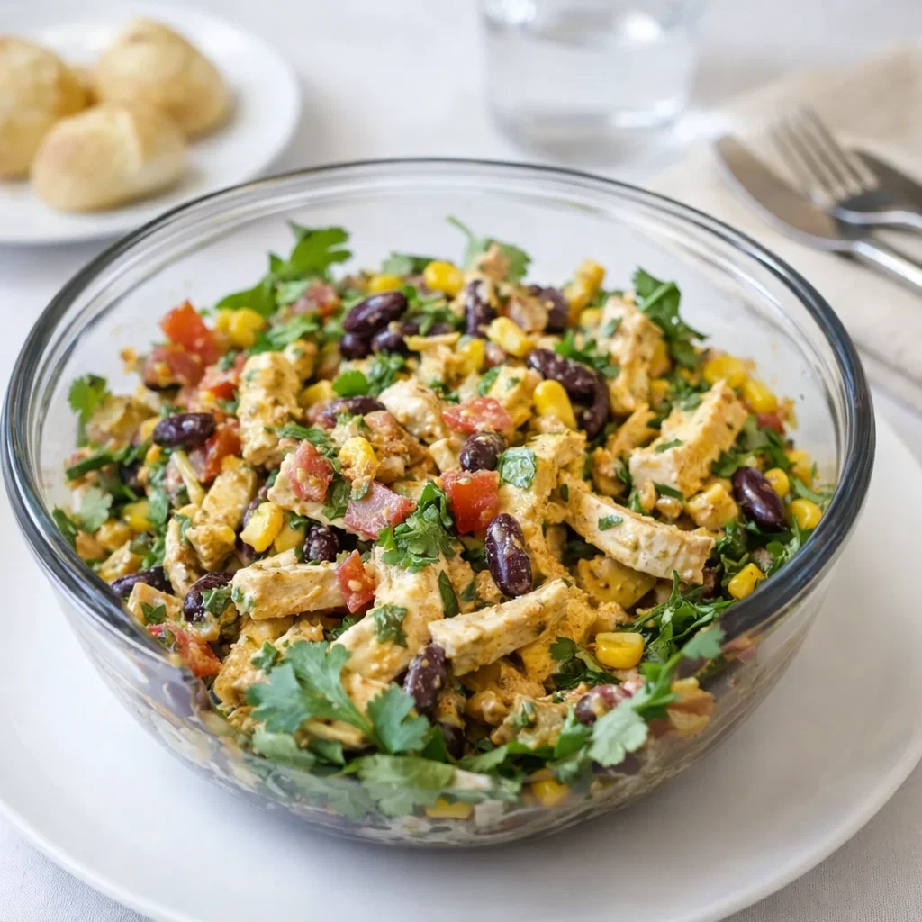 Zesty Southwest Chicken Salad in a wooden bowl with avocado and corn