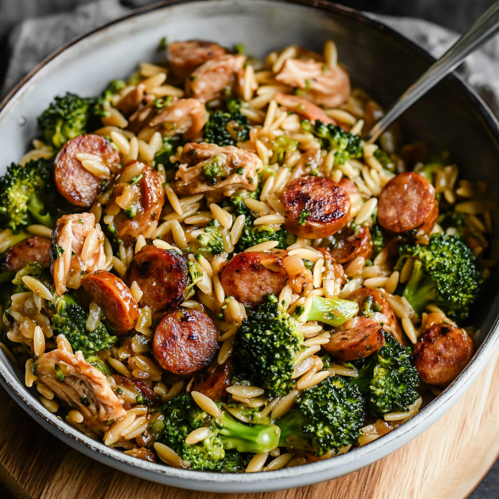 Chicken Sausage, Broccoli, and Orzo Skillet