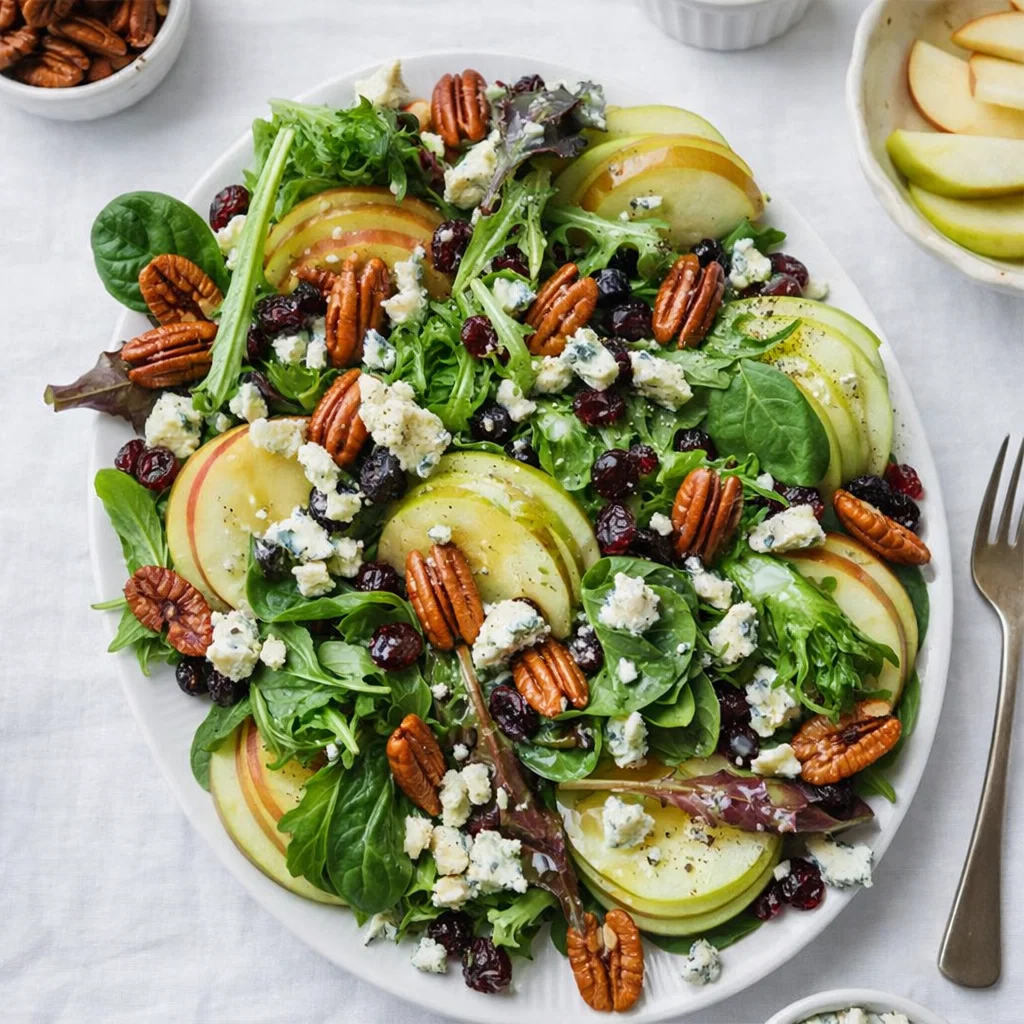 Apple Cranberry Salad With Maple Dijon Dressing in a white bowl on a wooden table