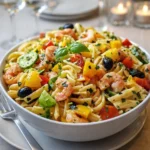 A colorful bowl of California Pasta Salad with fresh vegetables and Italian dressing.