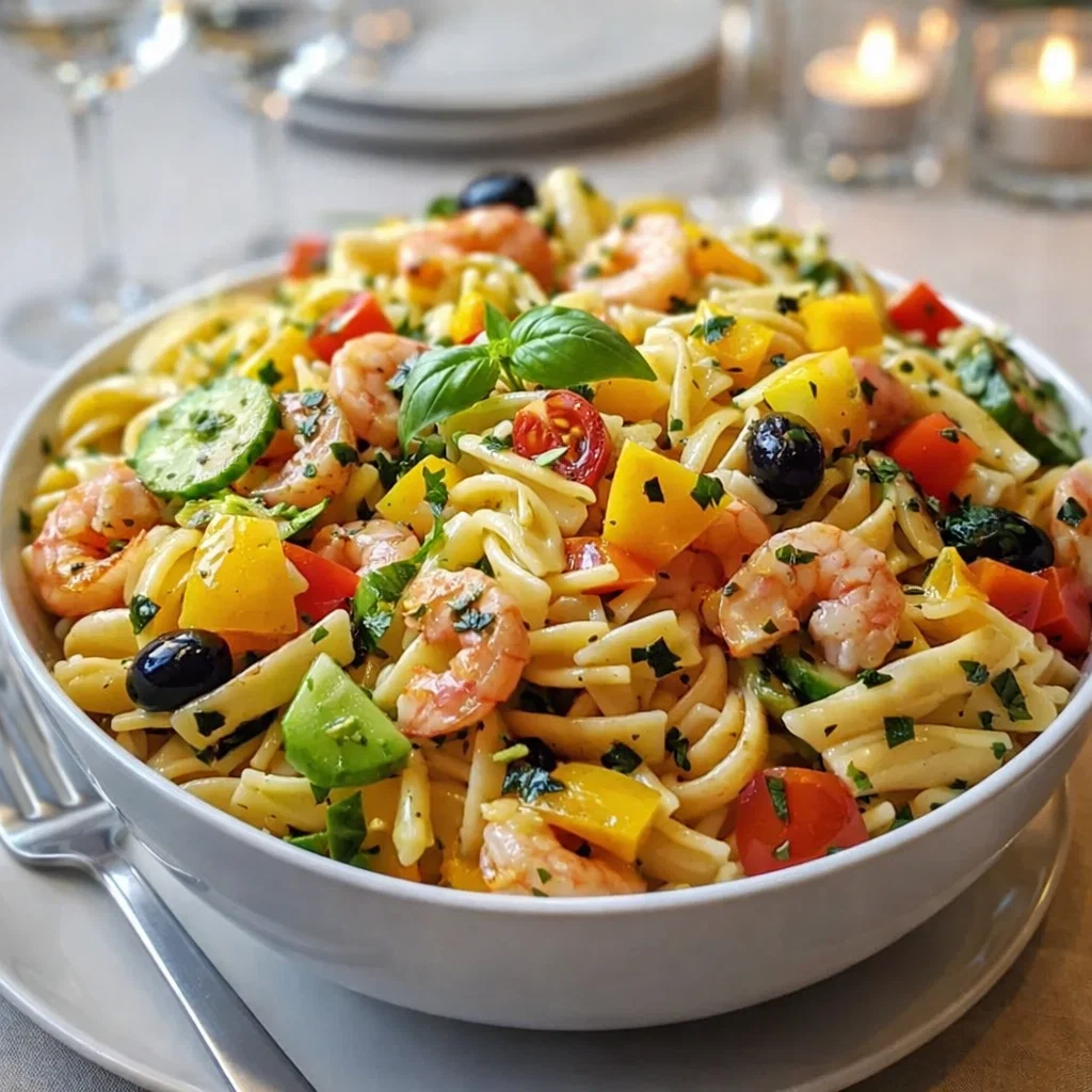 A colorful bowl of California Pasta Salad with fresh vegetables and Italian dressing.