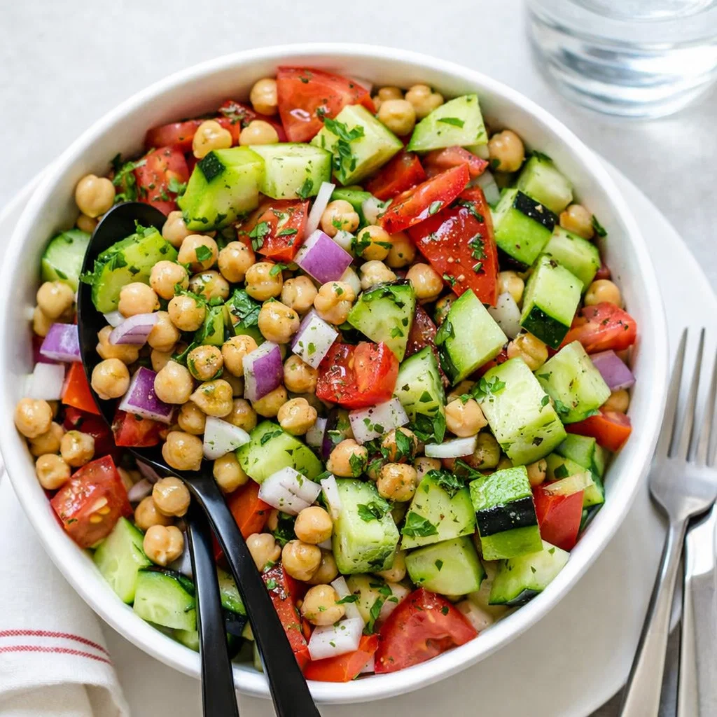 A bowl of fresh Chickpea Salad with Cucumbers and Tomatoes on a wooden table.