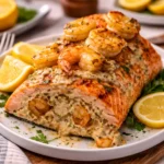 A delicious Crab and Shrimp Stuffed Salmon garnished with herbs and lemon.
