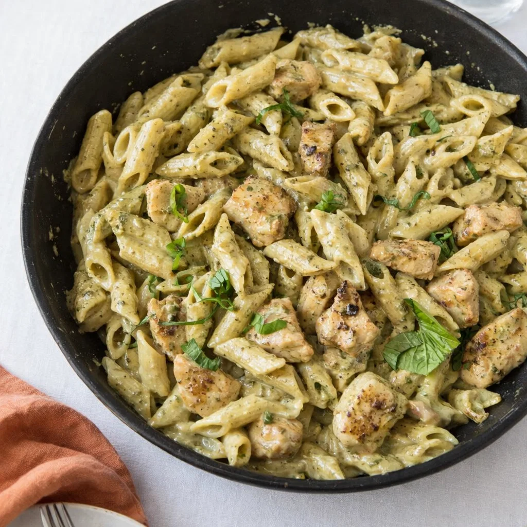 Skillet of Creamy Chicken Pesto Pasta with fresh basil and parmesan.