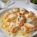 A bowl of Creamy Garlic Butter Salmon Pasta topped with parsley