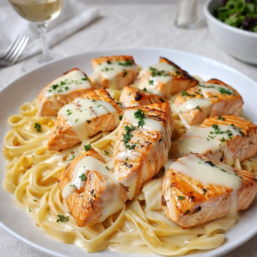 A bowl of Creamy Garlic Butter Salmon Pasta topped with parsley