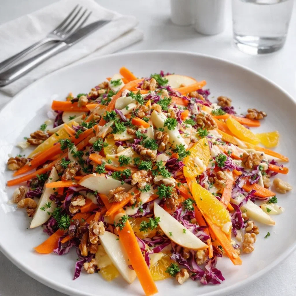 Crunchy Apple Carrot Salad with Creamy Citrus Dressing in a white bowl