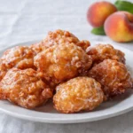 A plate of golden Delicious Fresh Peach Fritters dusted with cinnamon sugar.