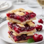 A stack of Easy Cherry Pie Bars with red filling and white glaze on a white table.