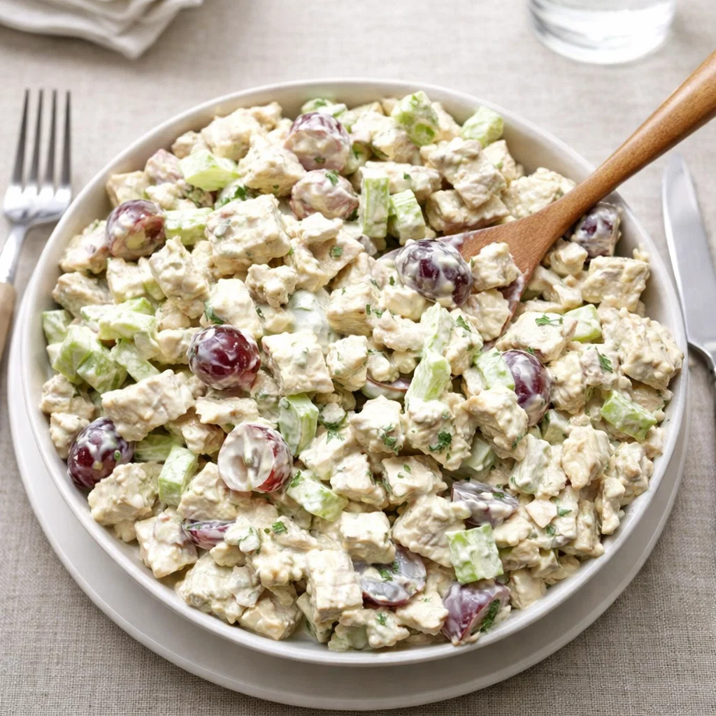 Easy creamy Chicken Salad with grapes and fresh herbs in a white bowl