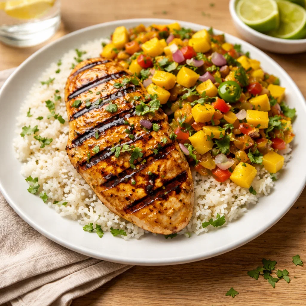 Easy Honey Lime Chicken with Mango Salsa on a white plate