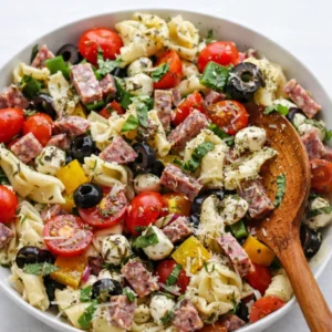 A vibrant bowl of Easy Italian Tortellini Pasta Salad with fresh veggies.