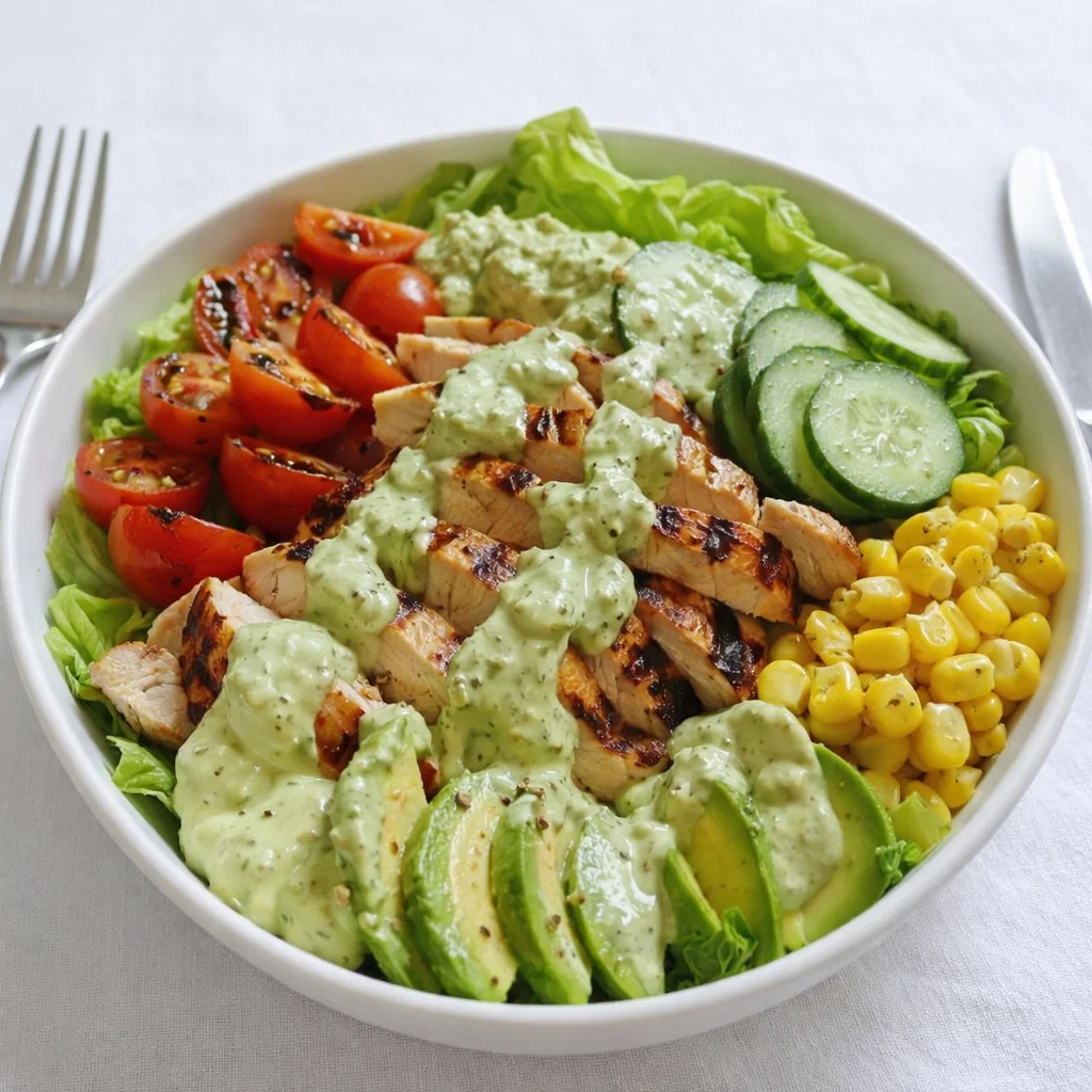 A vibrant Grilled Chicken and Avocado Salad Bowl with creamy dressing.