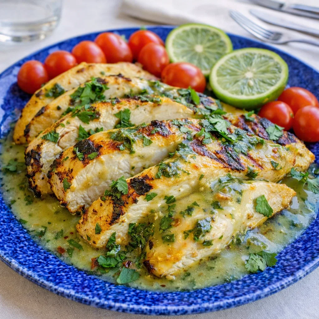 A close-up of finished Grilled Salsa Verde Pepper Jack Chicken with melted cheese and cilantro.