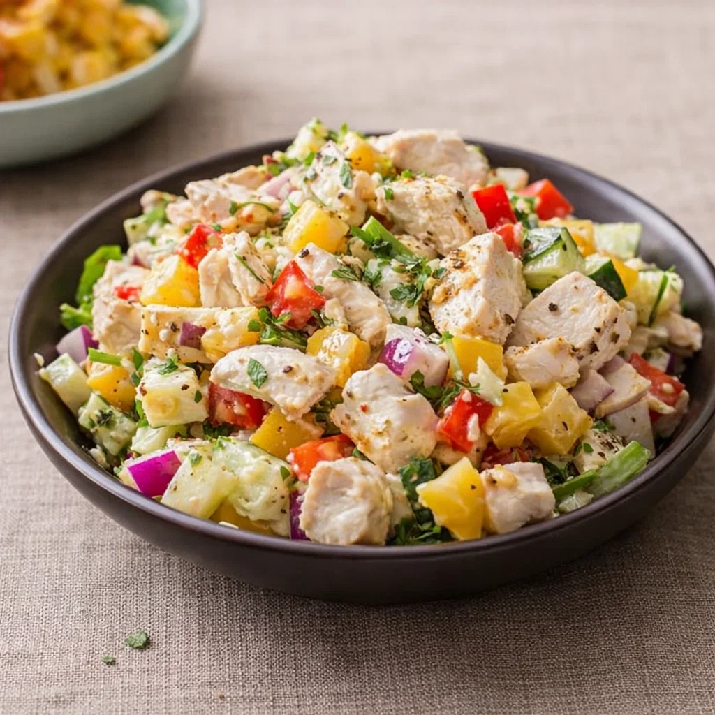 A tropical Hawaiian Chicken Salad served inside a fresh pineapple.