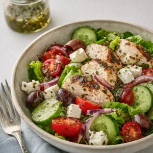A vibrant Healthy Greek Salad with Chicken in a wooden bowl.