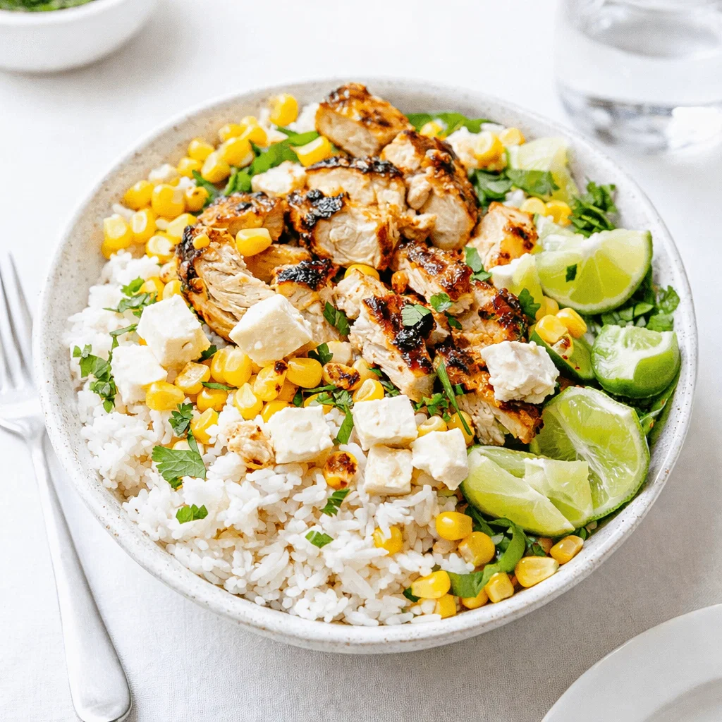 A vibrant Healthy Street Corn Chicken Rice Bowl with grilled chicken and lime.